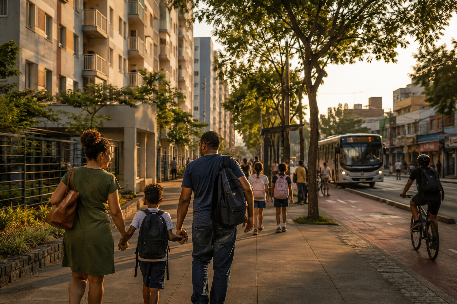 Família caminhando por rua arborizada com prédios, ônibus e crianças